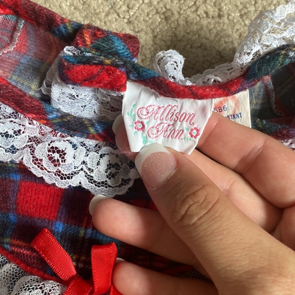 Vintage 80s Allison Ann plaid fleece ruffle lace Christmas top - Picture 3 of 5